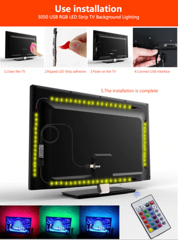 USB Стрічка світлодіодна RGB 5050 5м з пультом для підсвічування телевізора, монітора, меблів