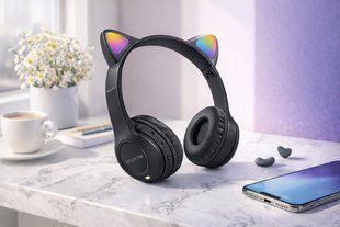 Бездротові навушники з котячими вушками та лід підсвічуванням Cat Ear Y47 Led, Bluetooth навушники з мікрофоном Чорний