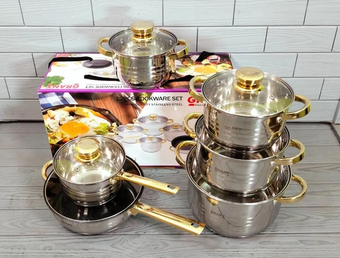 Набор кухонной посуды из нержавеющей стали Grandhoff GOLD GR-7012 12 предметов с индукционным дном