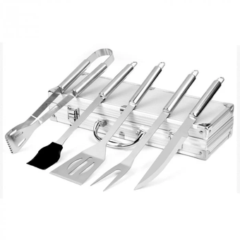 Набір інструментів для барбекю Rainberg AL-5 з нержавіючої сталі в валізі, 5 предметів, Сріблястий