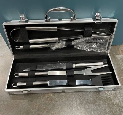 Набір інструментів для барбекю Rainberg AL-5 з нержавіючої сталі в валізі, 5 предметів, Сріблястий