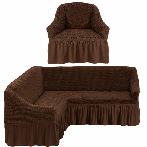 Чехол накидка на угловой диван с креслом, комплект чехлов на угловой диван и кресло с оборкой Турция