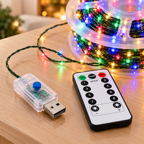 Гирлянда Роса 100 м 1000 LED разноцветная MULTI / Гирлянда с USB и пультом ДУ, зеленая проволока / LED-декор