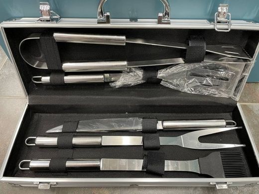 Набор инструментов для барбекю Rainberg AL-5 из нержавеющей стали в чемодане, 5 предметов, Серебристый