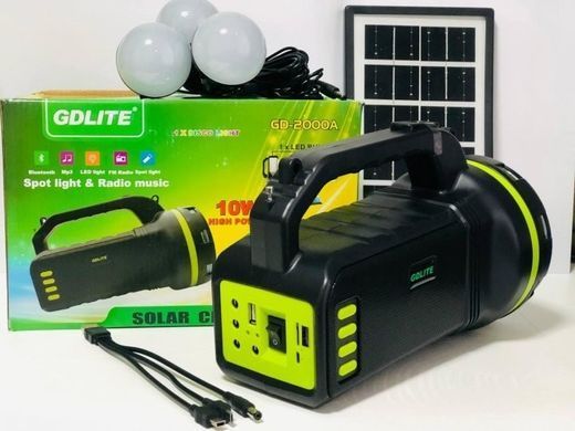 Портативная солнечная система GDLITE GD-2000А универсальная солнечная панель повербанк FM радио OK, Зелёный
