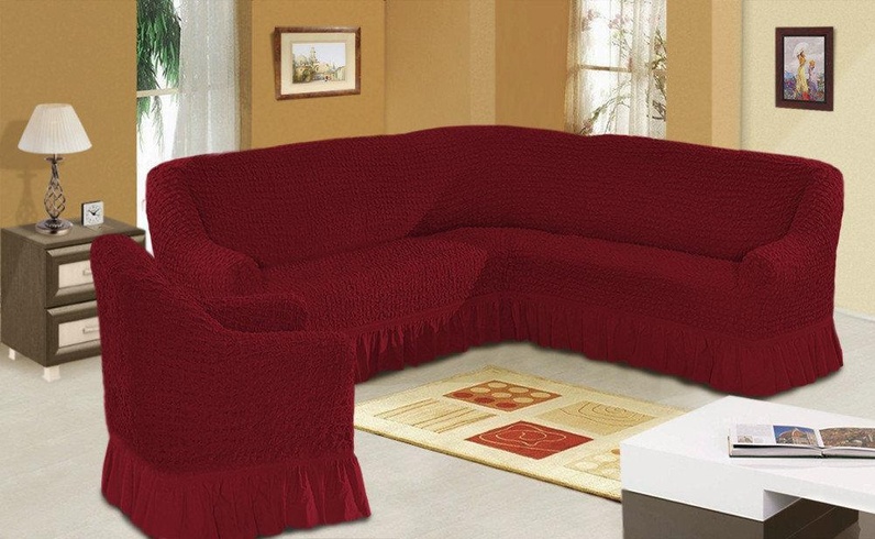 Чохол накидка на кутовий диван з кріслом, комплект чохлів на кутовий диван та крісло з оборкою Туреччина