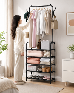 Вешалка для одежды с полками для обуви Clothes Rack Up / Напольная металлическая стойка 170&times;60&times;26 см