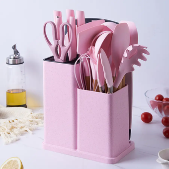 Набір кухонного приладдя 19 предметів з подвійною підставкою дошкою набором ножів ZP-0102 рожевий