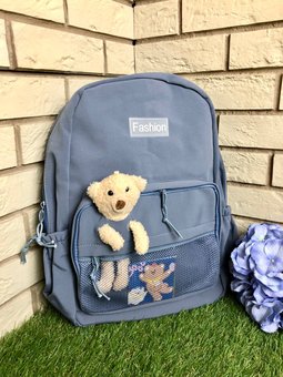 Рюкзак с мишкой в кармане школьный стильный,спортивный,подростковый рюкзак Голубой