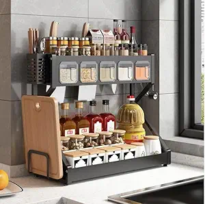 Органайзер для приправ Glaceon Spice Rack, двоярусна стійка для посуду + спецівниця, багатофункціональна сушарка посуду та спецій, містка полиця для спецій з кухонними шафами