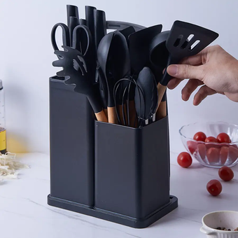 Набір кухонного приладдя 19 предметів з подвійною підставкою дошкою набором ножів ZP-0102 Чорний