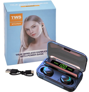 Навушники F9 TWS V5.0 Бездротові сенсорні Bluetooth з індикатором заряду чорні водонепроникні (NB-1), Черный