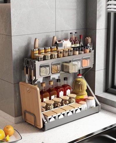 Органайзер для приправ Glaceon Spice Rack, двоярусна стійка для посуду + спецівниця, багатофункціональна сушарка посуду та спецій, містка полиця для спецій з кухонними шафами
