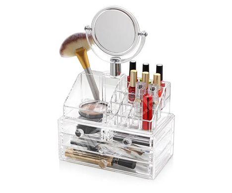 Акриловий органайзер для зберігання косметики з дзеркалом, настільний бокс, Cosmetic Storage Box, TS, Білий