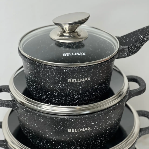 Набір посуду з гранітним антипригарним покриттям BellMax BM-305 з 12 предметів Чорний, Черный