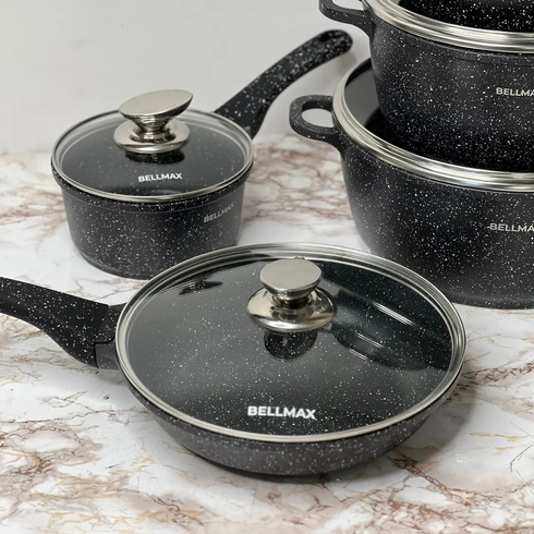 Набір посуду з гранітним антипригарним покриттям BellMax BM-305 з 12 предметів Чорний, Черный