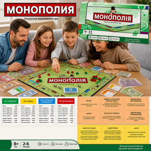 Настільна гра Монополія / Настільна гра для компанії, дітей та дорослих / Гра Монополія жетони, картки, гроші, фігурки будівель, кубики, Разноцветный