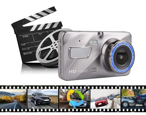 Видеорегистратор автомобильный, Full HD 1080P, 4 дюйма, IPS, переднее и заднее синее зеркало, Серебристый