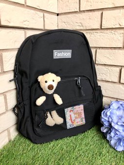 Рюкзак с мишкой в кармане школьный стильный,спортивный,подростковый рюкзак черный