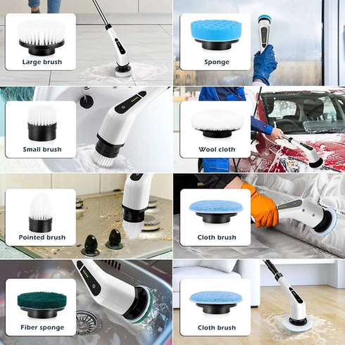Электрическая щетка для уборки Cleaning Brush, набор 9 в 1, белая, товары для дома