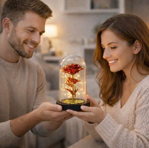 Вічна троянда в колбі з підсвічуванням 21 см, на батарейках RED GOLD