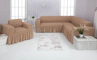 Чехол, накидка на угловой диван с креслом, комплект чехлов на угловой диван и кресло с оборкой Турция Персиковый