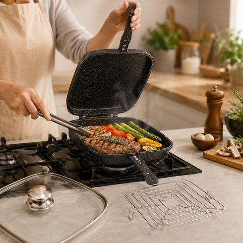 Сковорода-гриль двухсторонняя Top Kitchen TK00097 с решеткой и крышкой 28&times;22 см