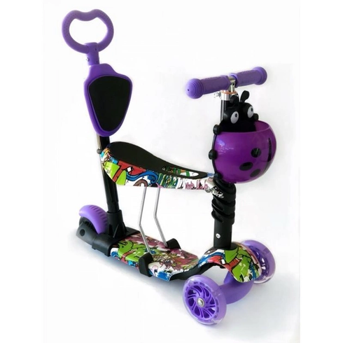 Детский Самокат 5 в 1 с подножками и родительской ручкой Best Scooter,  PU колеса, Подсветка колес розовый