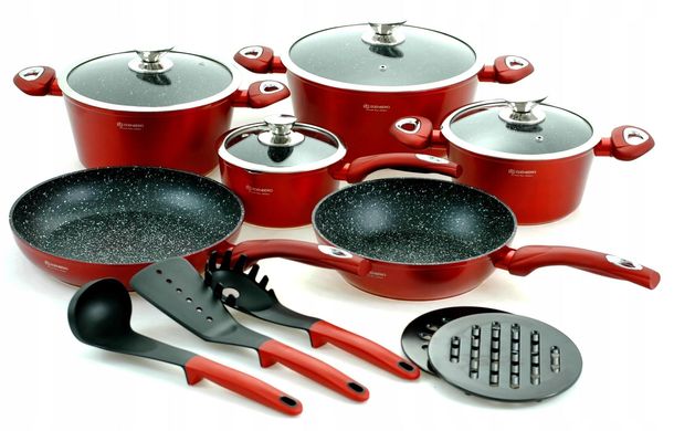 Набір посуду червоні казанів 15 предметів з мармуровим антипригарним покриттям Edenberg EB-5612