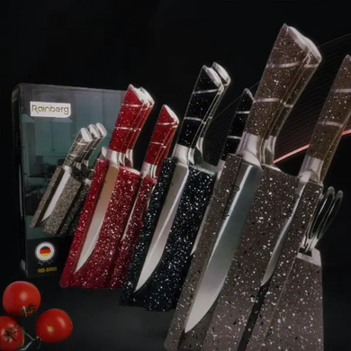 Набір кухонних ножів коричневий Rainberg RB-8805 8 в 1 із нержавіючої сталі на дерев'яній підставці, ножі для кухні