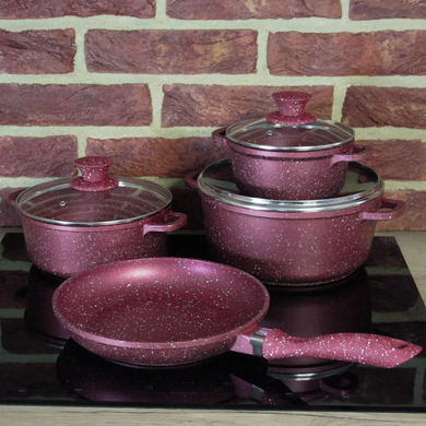 Набор посуды для дома со сковородой, гранит, круглый ( 7 предметов) , Красный