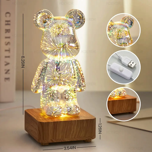 3D лампа Кришталевий Ведмедик Феєрверк Ведмідь Bearbick декоративний скляний нічник світлодіодний світильник 16 кольорів LED на акумуляторі
