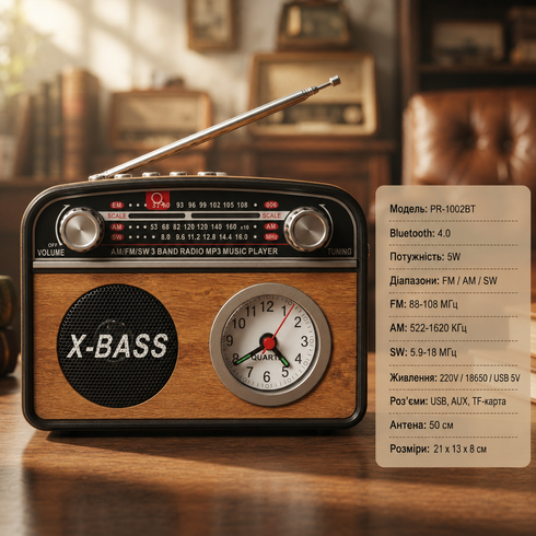 Радиоприемник PR-1002BT / Радиоприемник с часами и Bluetooth