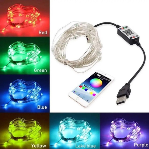 Светодиодная умная гирлянда Smart Роса RGB 100 LED с Bluetooth для елки от USB 10м