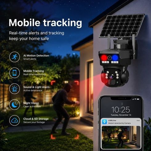 Вулична IP-камера 4G 2 незалежні об'єктиви 2MP+2MP / Автономна 4G камера на сонячній панелі з подвійним датчиком руху V360 Pro