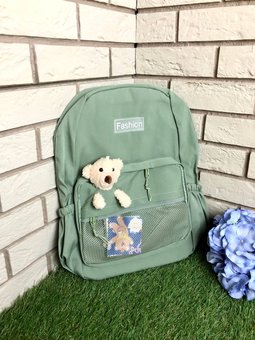 Рюкзак с мишкой в кармане школьный стильный,спортивный,подростковый рюкзак Зеленый