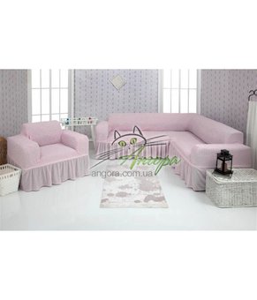 Чехол, накидка на угловой диван с креслом, комплект чехлов на угловой диван и кресло с оборкой Турция Розовый