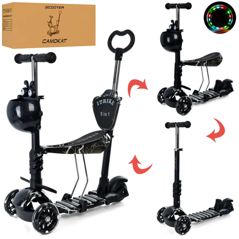 Детский Самокат 5 в 1 с подножками и родительской ручкой Best Scooter,  PU колеса, Подсветка колес черный