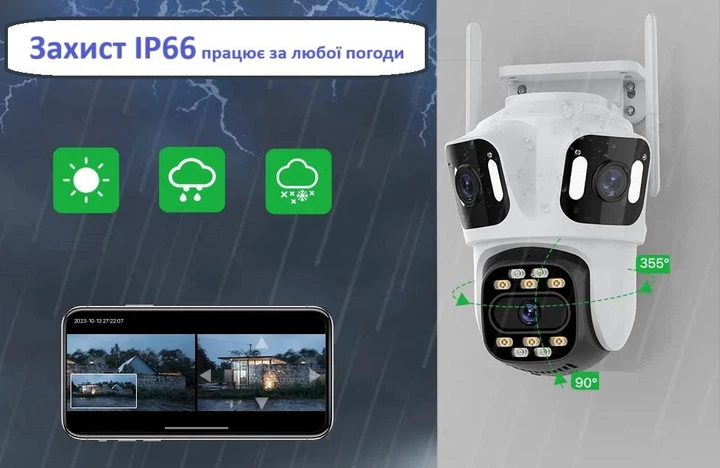 Уличная WiFi IP камера 9Мп 3 объектива / Камера видеонаблюдения с влагозащитой