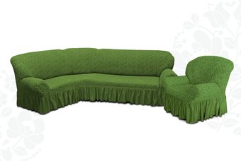 Чехол, накидка на угловой диван с креслом, комплект чехлов на угловой диван и кресло с оборкой Турция Оливковый