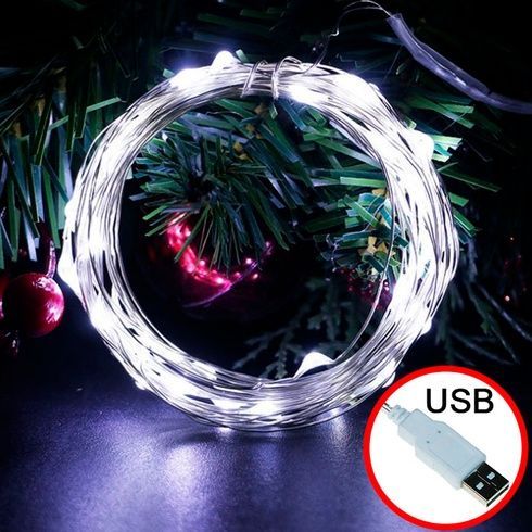 Светодиодная гирлянда проволока 20 м USB холодный белый