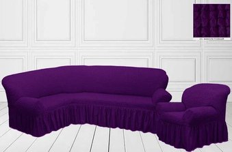 Чехол, накидка на угловой диван с креслом, комплект чехлов на угловой диван и кресло с оборкой Турция Фиолетовый