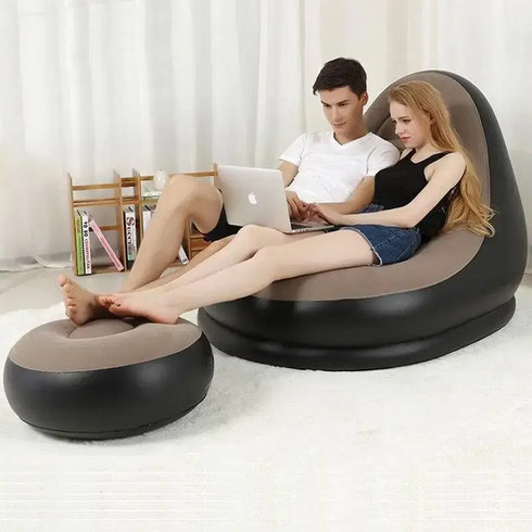 Надувний диван з пуфом Air Sofa / Надувне велюрове крісло з пуфом+насос Бежевий