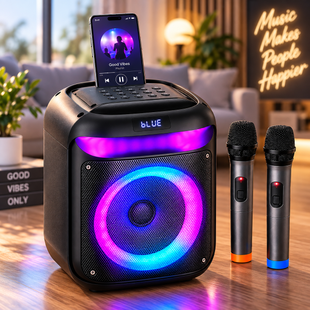 Портативная караоке-колонка 8" с 2 микрофонами / Беспроводная колонка с RGB-подсветкой Bluetooth TWS 25 Вт