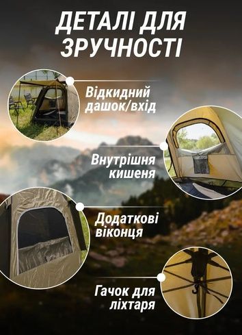 Шестиугольная туристическая палатка с тентом 3-х местная / Палатка-автомат быстрого разложения с москитной сеткой Хаки