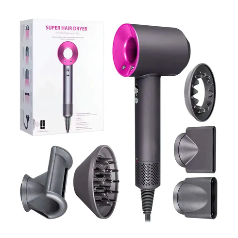 Фен-стайлер с 5 разными насадками для быстрой сушки и завивки волос hair dryer fan серо-фиолетовый