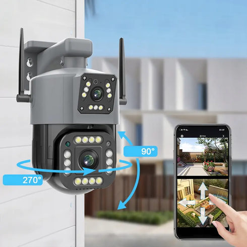 Поворотная WiFi камера Qettopo V380 / Уличная IP камера видеонаблюдения 8Мп, 2 объектива