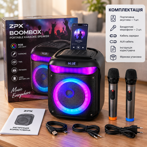 Портативная караоке-колонка 8" с 2 микрофонами / Беспроводная колонка с RGB-подсветкой Bluetooth TWS 25 Вт