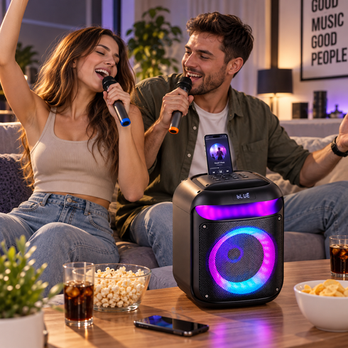 Портативная караоке-колонка 8" с 2 микрофонами / Беспроводная колонка с RGB-подсветкой Bluetooth TWS 25 Вт