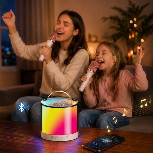 Портативная колонка K52 с RGB LEDподсветкой, Bluetooth 5 Вт +   2 беспроводных микрофона